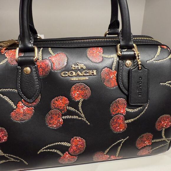 Coach CCZ15 Rowan Satchel Bag in Leather with Cherry Print Black Multi NWT - Picture 6 of 8
